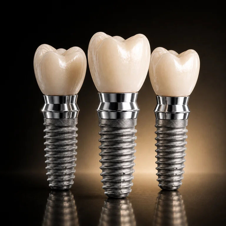 Three posterior dental implants with ceramic crowns